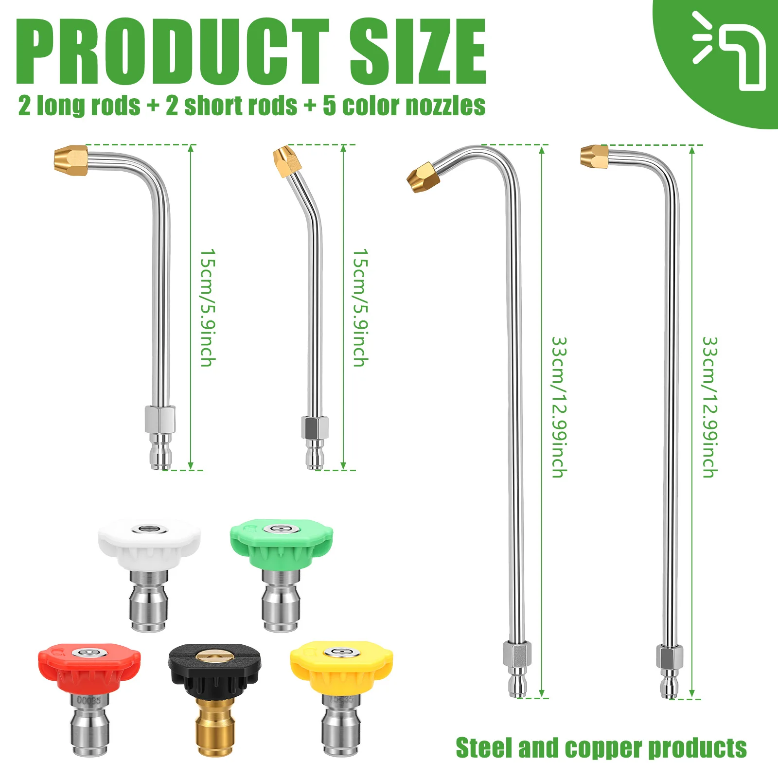 Pressure Washer Angled Extension Wands Stainless Steel Copper 4Pcs 5 Nozzles 1/4 Inch Quick Connect for Car Chassis AC Cleaning