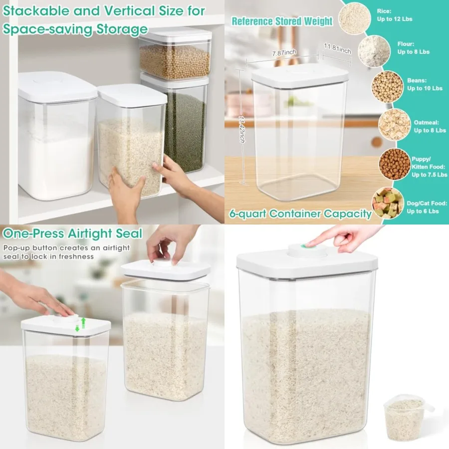 

Large Airtight Food Container with Pop Up Lid and Measuring Cup for Rice, Flour, Cereal, Sugar, or Pet Food Storage, Rectangula