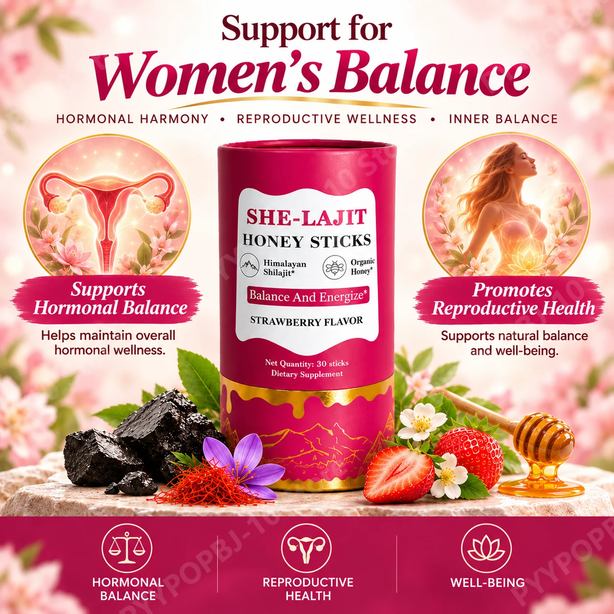 Shilajit Honey Sticks for Women's Energy, Stamina & Hormonal Balance, Strawberry, 300mg Shilajit, Shatavari, Saffron, 30 Sticks