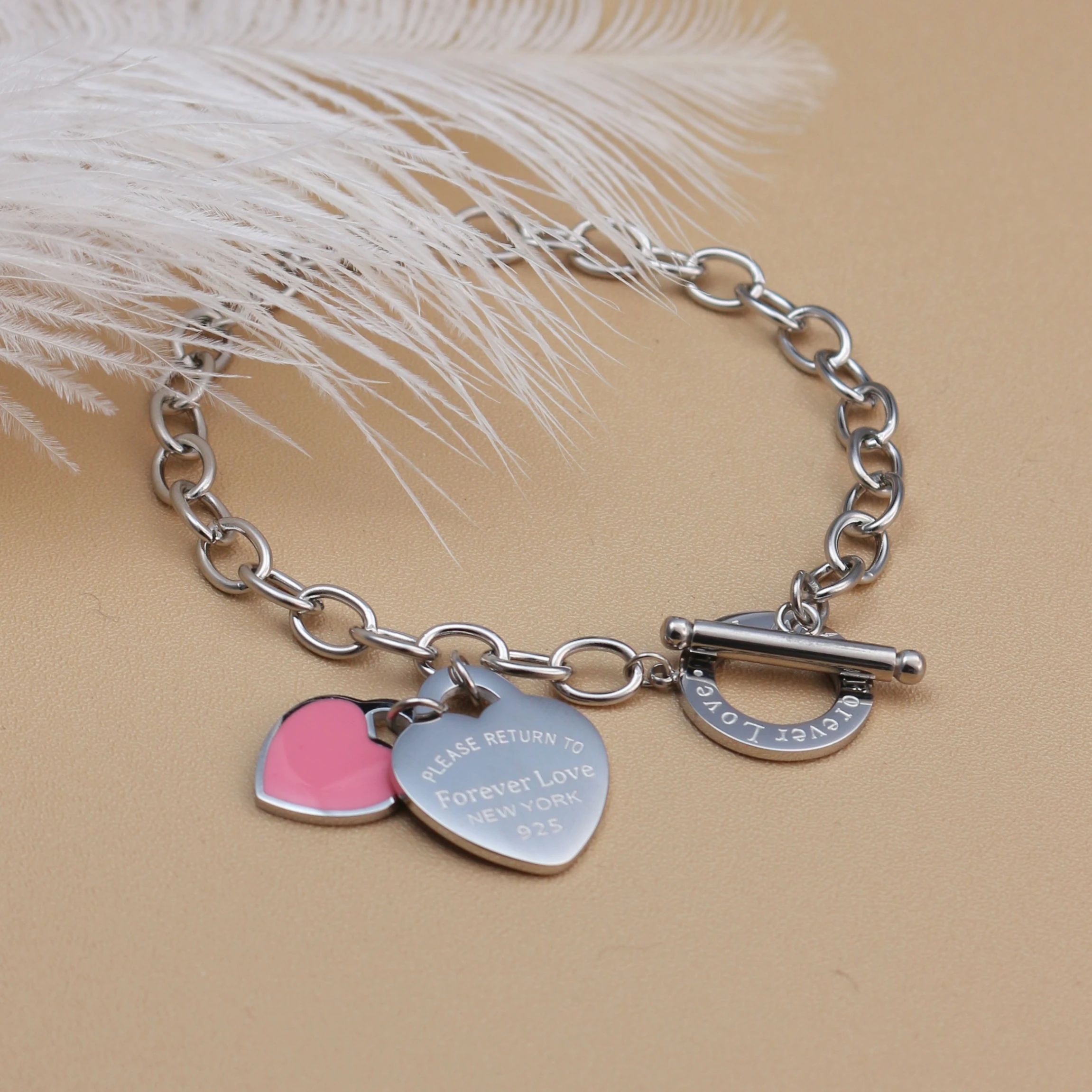 074 موضة الفولاذ المقاوم للصدأ الذهب اللون سوار مزدوج القلب قلادة تصميم إلى الأبد الحب المرأة مجوهرات الإسورة هدايا بالجملة #2