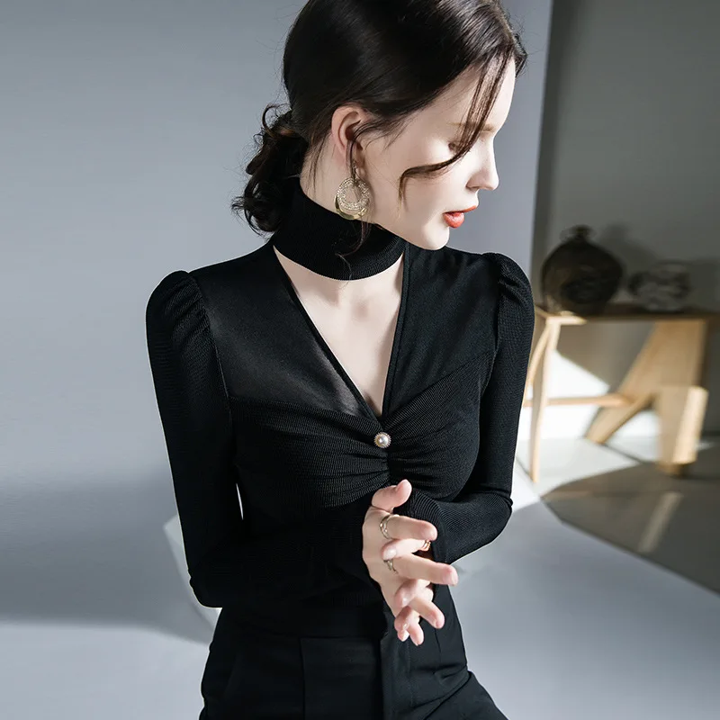 

Elegant Halter Neck High Collar Top Autumn Winter New Inner Layer Base Shirt Slightly Sheer Ruched Long Sleeve