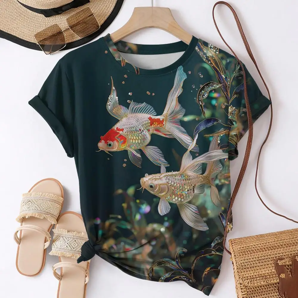 Summer Fish Koi 3D Print T-shirts Women Streetwear Casual Fashion Harajuku Y2k Short Sleeve T Shirt O-neck Tees Tops Clothing