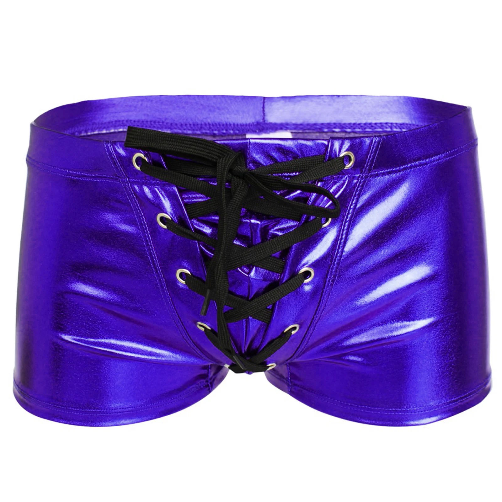Męskie bokserki kąpielowe metaliczne błyszczące sznurowane majtki bikini z niskim stanem kąpielówki strój kąpielowy na imprezę basen rave spodnie kąpielowe