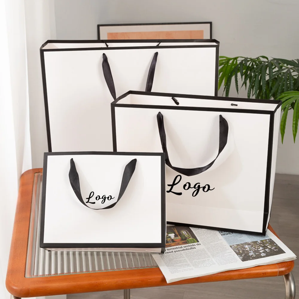 

Personalized White and Black Gift Kraft Paper Bags Large Gift Bags with Handles Shopping Travel Wrap Bags for Wedding Print Logo