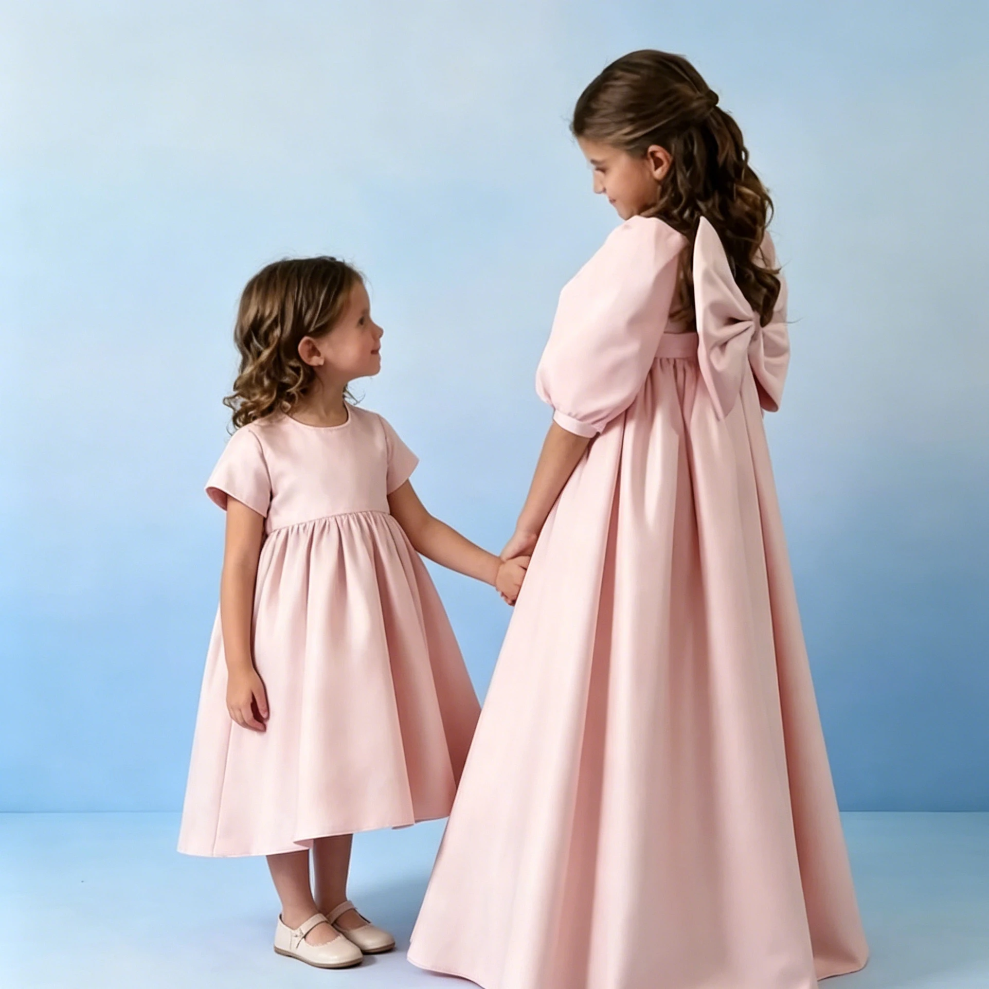 

Customized Pink Flower Girl Dress For Wedding Satin Bow High Waist Floor Length Elegant Kids Birthday First Communion Gown