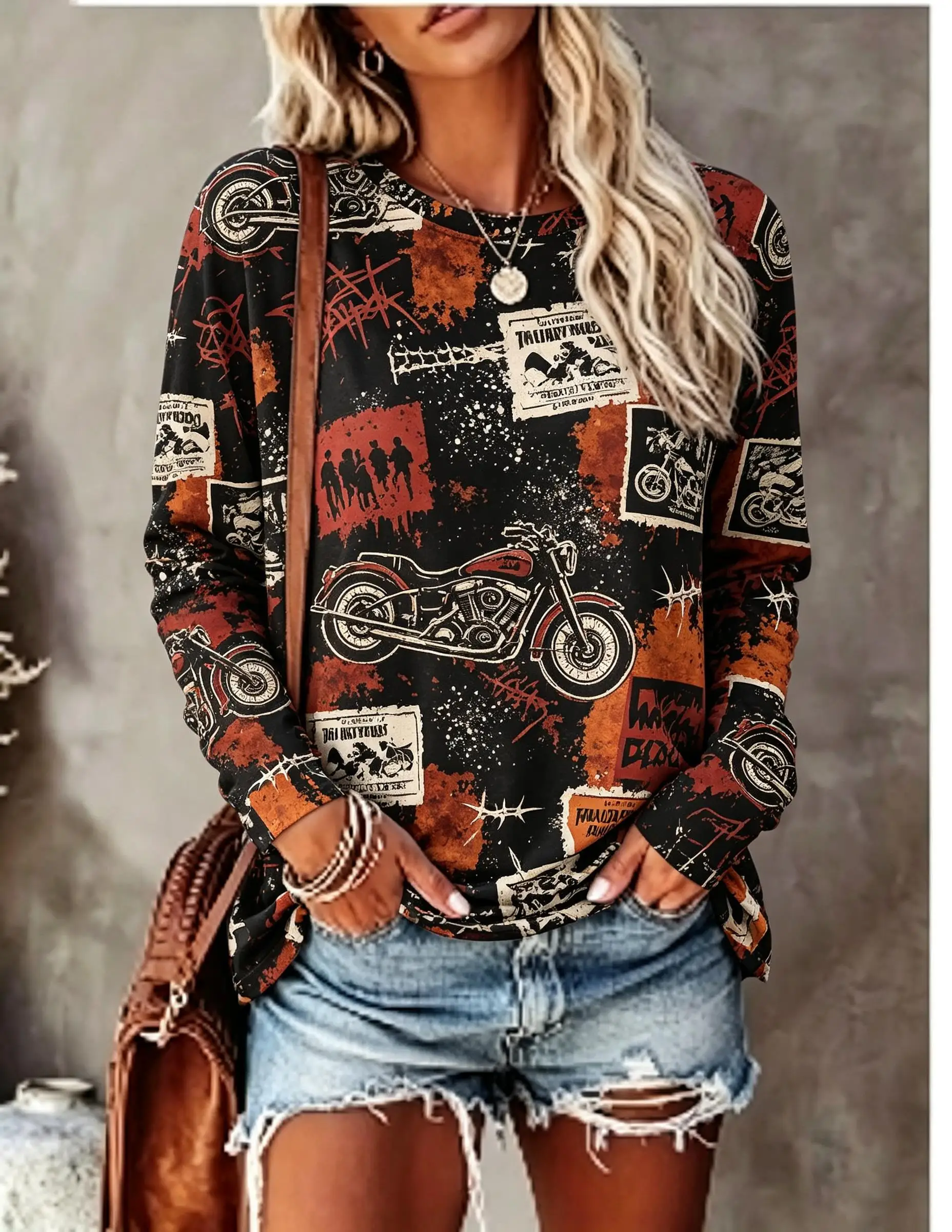 Women Long Sleeve T Shirt Vintage Vinyl Record Headphone Music Patchwork Print Crew Neck Fall Tops