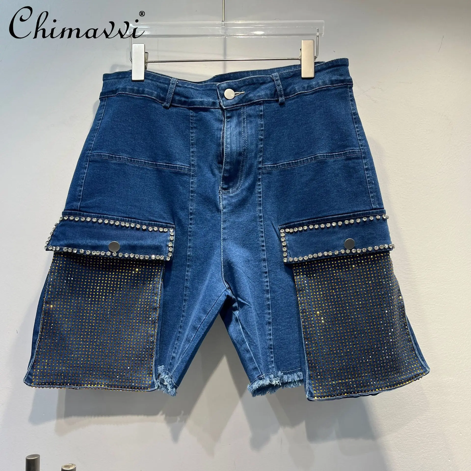 Diamond Denim Shorts Women's Spring and Summer New Fashion Elastic High-waisted Slim-fit European Station Straight-leg Pants