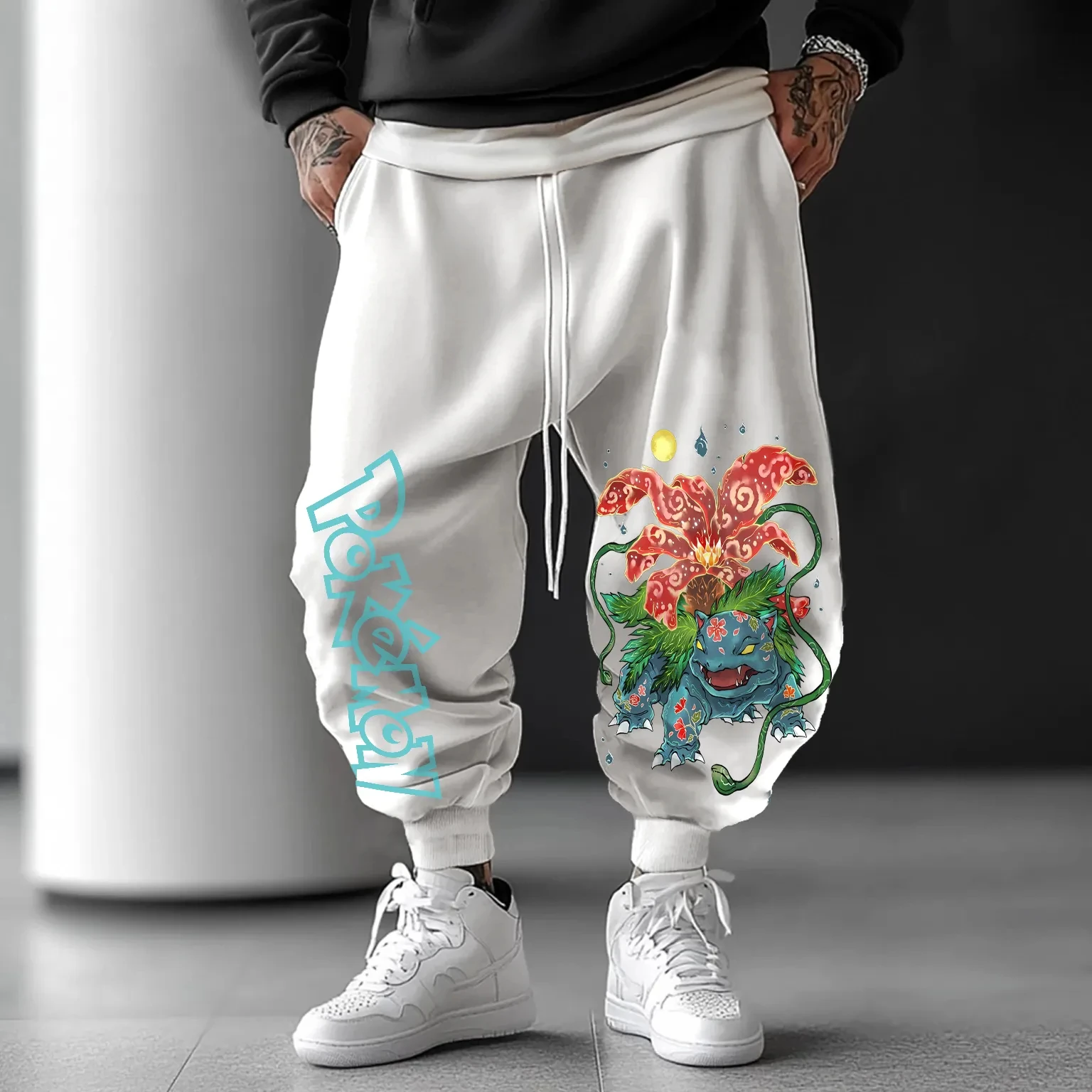 กางเกงขายาวพิมพ์ลายโปเกมอน วีนัสอร์ สีขาว สไตล์หวานๆ รุ่นใหม่ประจำปี 2025 สำหรับผู้ชาย ฤดูใบไม้ร่วง/ฤดูหนาว สไตล์ญี่ปุ่น ฮาราจูกุ ทรงหลวม สบายๆ ผ้าฝ้าย