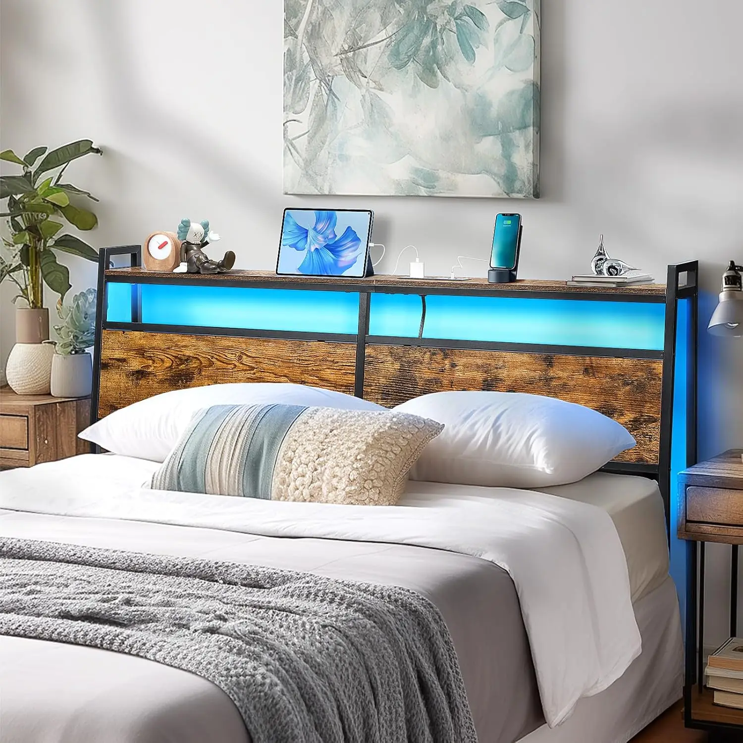 LED ukuran Queen Headboard dengan 60,000 warna lampu LED & 2 Outlet dan 2 Port USB + Tipe C Port, Headboard dengan penyimpanan Atta