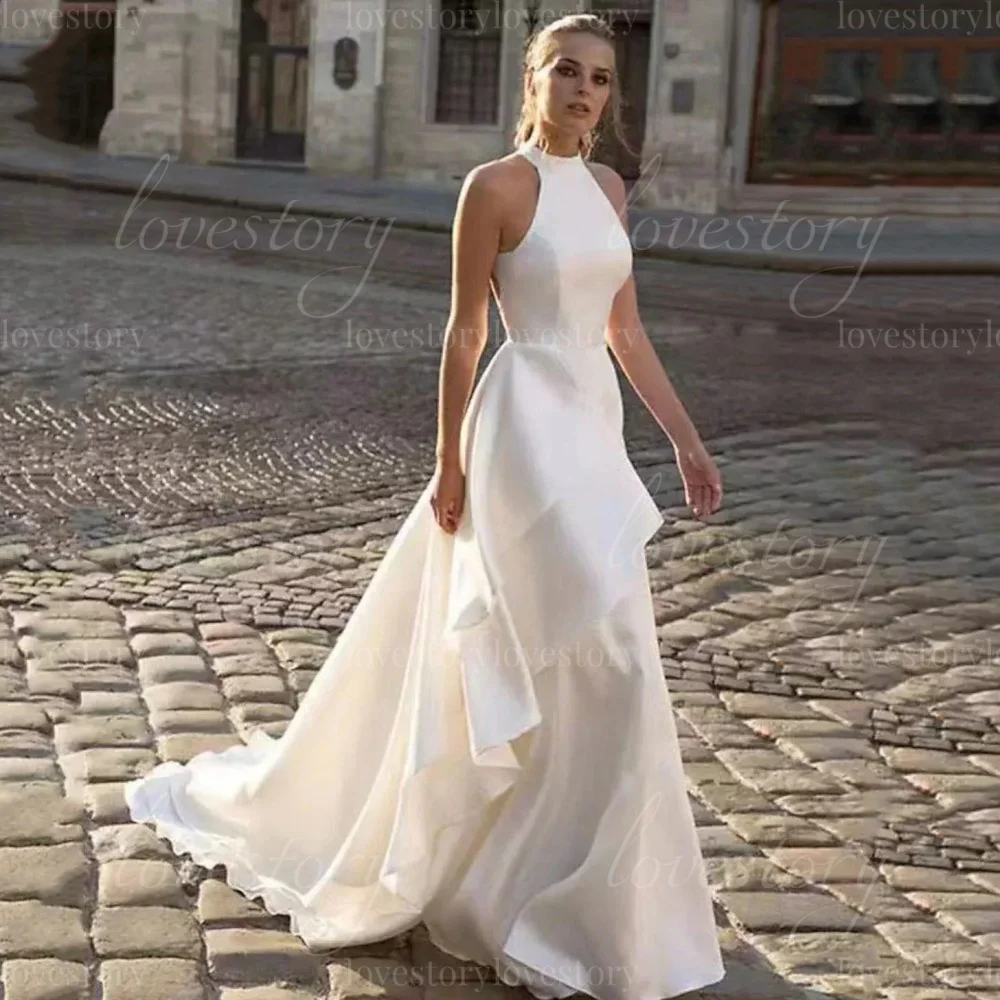 Customized Simple Wedding Dresses Halter Backless A Line Bridal Gowns Bride Robe Elegant Floor Length vestido de novia