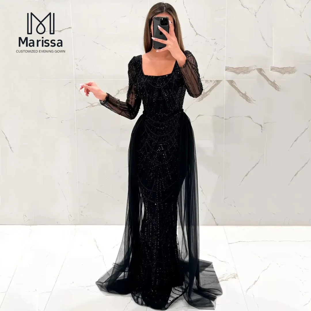 マリッサ ロング フィッシュテール パーティードレス ウェディングドレス カスタムメイド スパンコール ビーズ 刺繍 プロムガウン スクエアネック ロングスリーブ