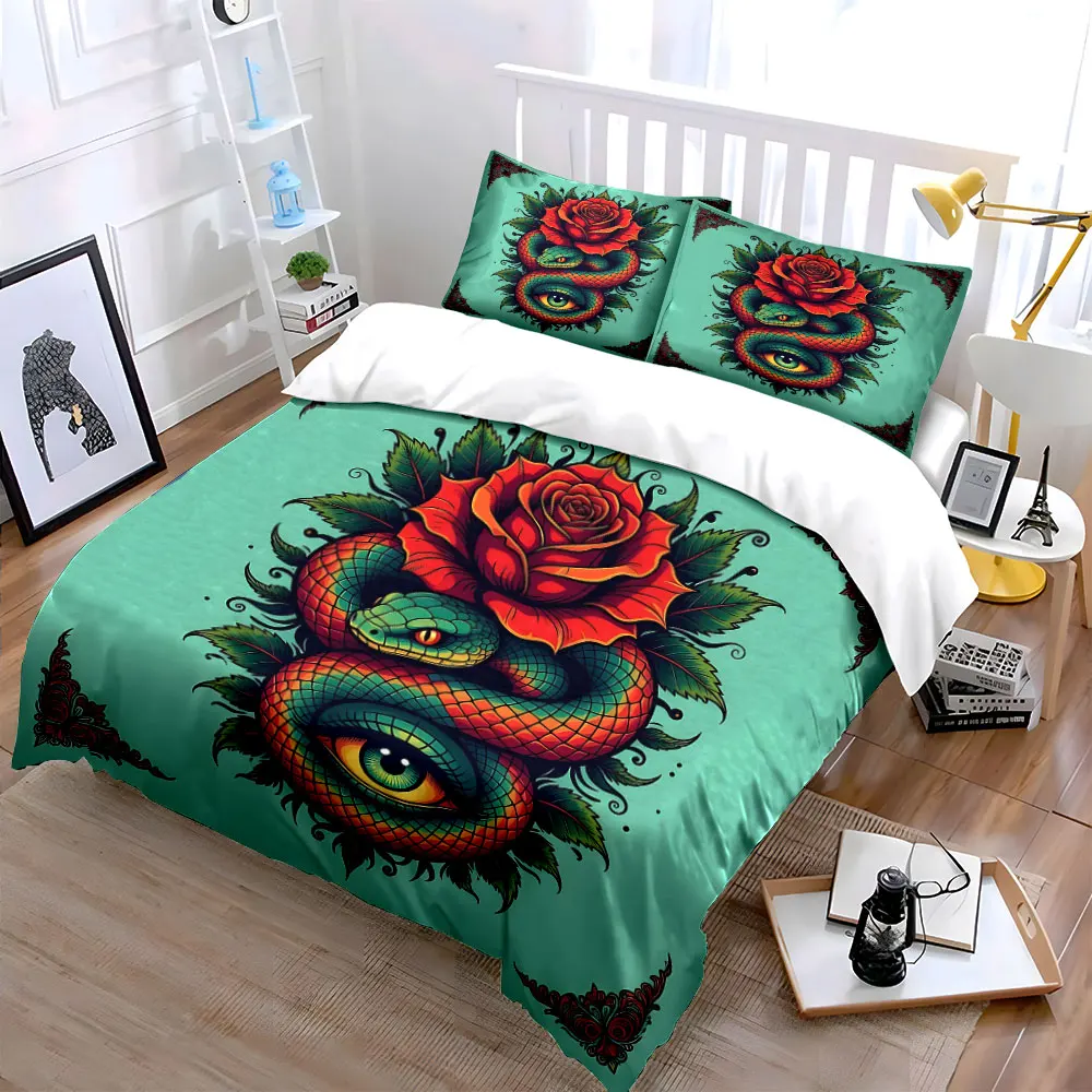 Artistic illustration with snake, rose, eye Printed Duvet Cover Set1 Duvet Cover+2 PillowcaseMulti Size Bedroom Bedding Decor