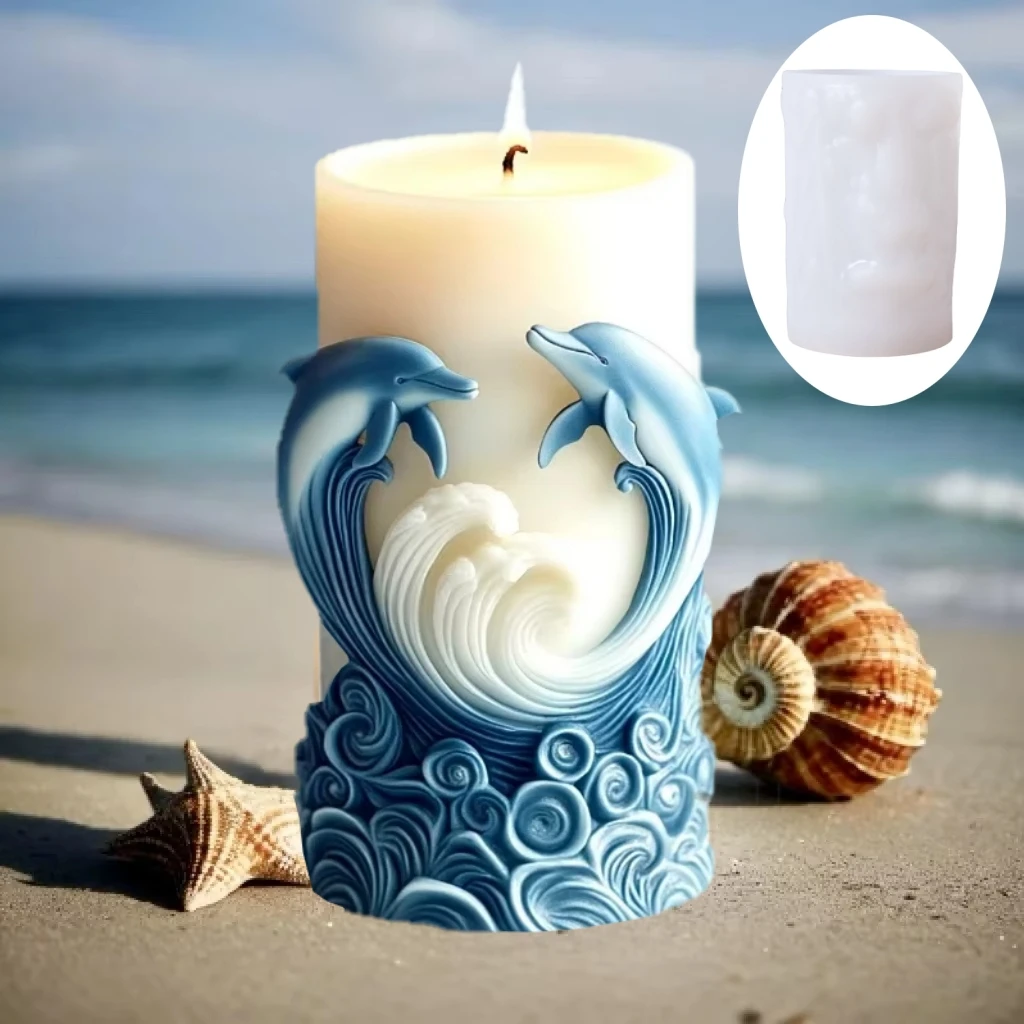 2024 オーシャンウェーブフォーム円筒キャンドルシリコーン型クジライルカレリーフ円筒キャンドルモールド石膏樹脂金型