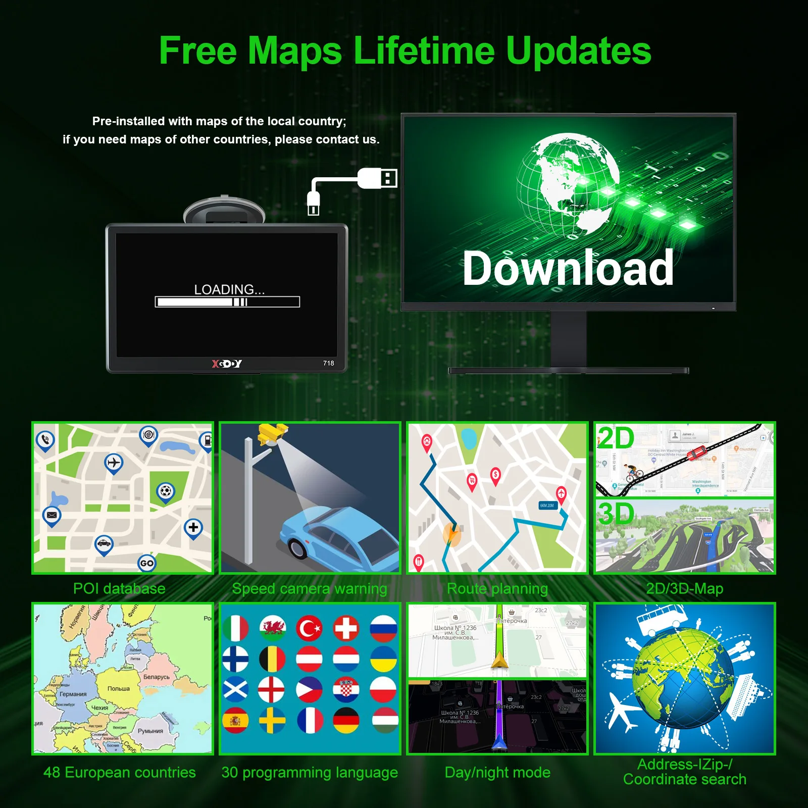 XGODY 7 ''شاحنة Sat Nav HGV شاحنة LGV 2024 تحديث المملكة المتحدة أوروبا خرائط Speedcam POIs