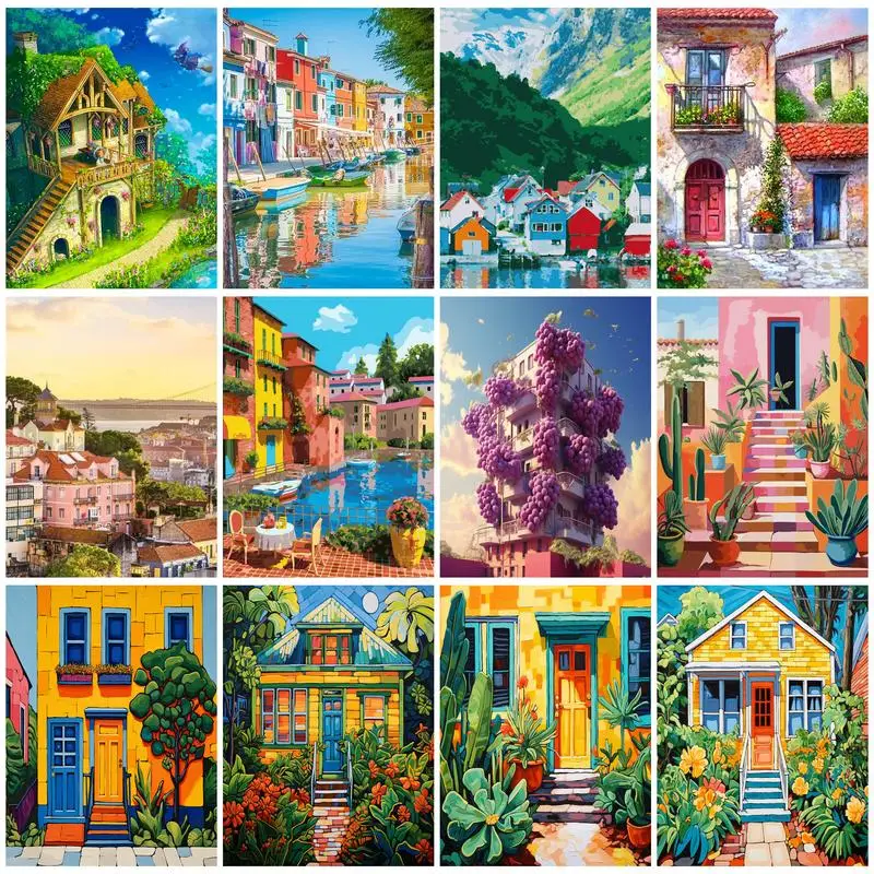 

RUOPOTY Coloring By Numbers Painting House Scenery Framed Painting For Wall Living Room Decoration