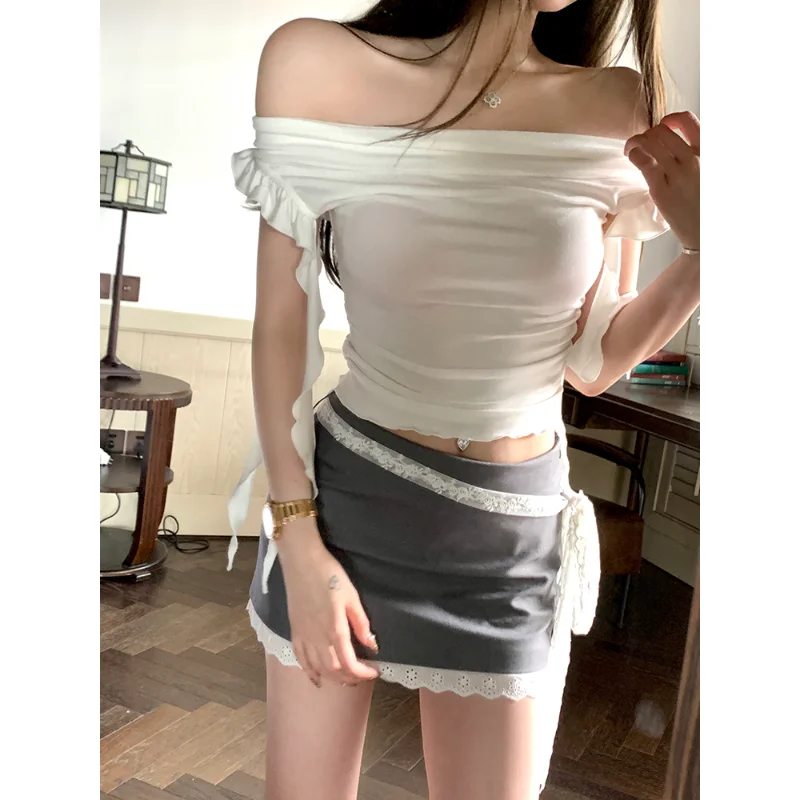 

2024 Summer Bodycon Short Sleeve Tops Women Casual Y2k Crop Tops Korean Fashion Clothing Sexy Slash Neck Outwear Blouse Female