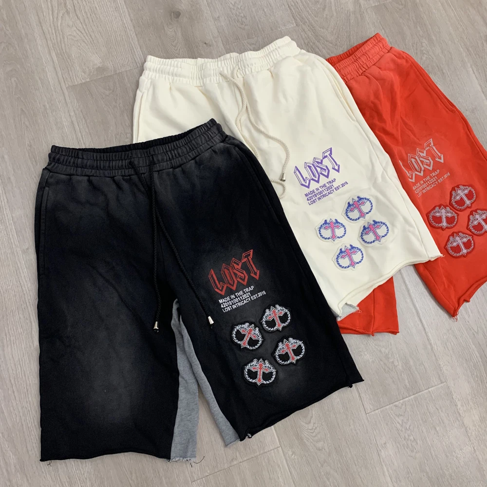

25ss Новые летние шорты со стразами Lost intricacy, шорты с принтом, мужские шорты с дырками на шнурке, модные шорты