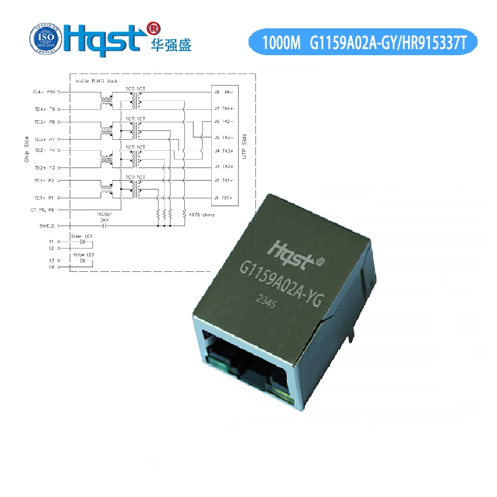 Hqst G1159A02A-GYB 10P10C Módulo magnético Gigabit integrado RJ45 con carcasa blindada y LED Compatible con HR915337T