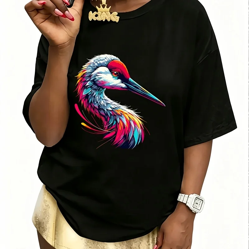 Paint Art Sandhill Birdwatching Cranes Women's 100% Cotton T-Shirt Short Sleeve Top Casual Round Neck Fun Print Tee S-5Xl