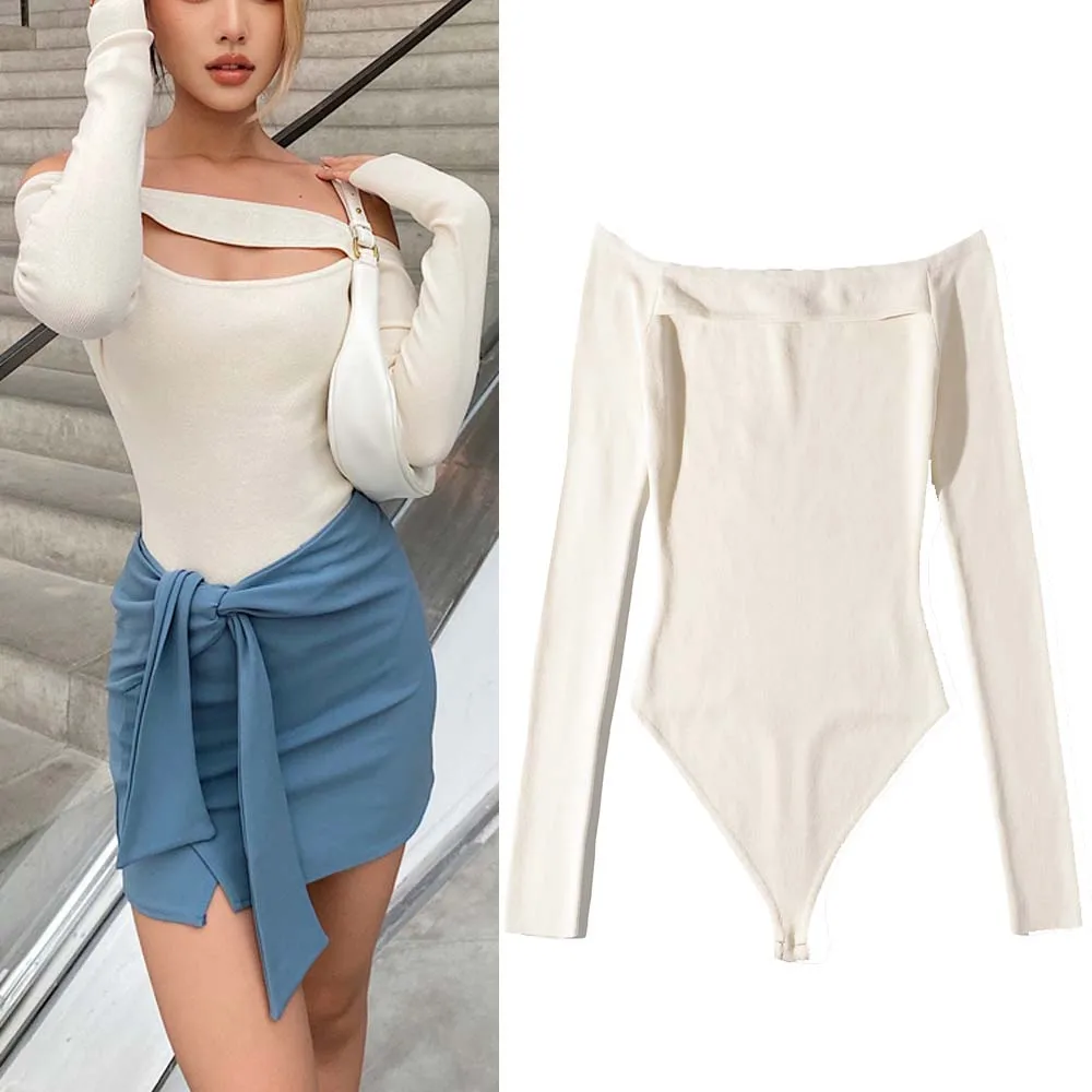 

Women's Faionable One-oulder Cutout Knitted Rer High Waist Straight Leg Commute Sle Polyester Fiber ort Pants