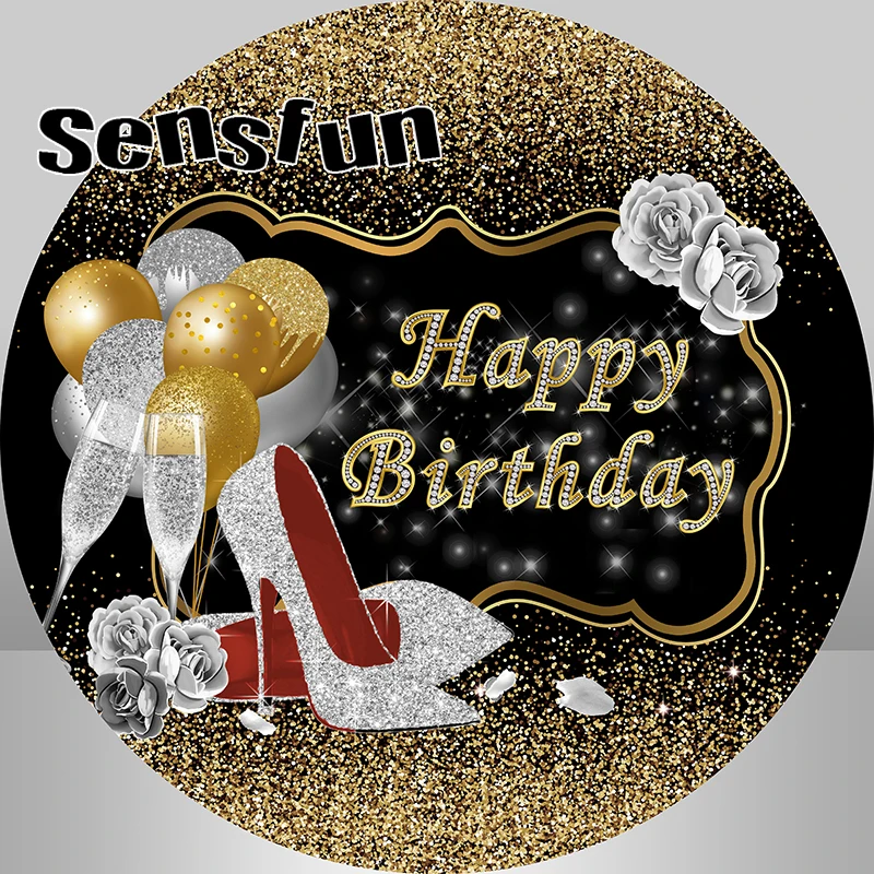 خلفية مستديرة لامعة باللونين الأسود والذهبي لسيدة امرأة حفلة عيد ميلاد دائرة خلفية بالونات كعوب لافتة التصوير الفوتوغرافي