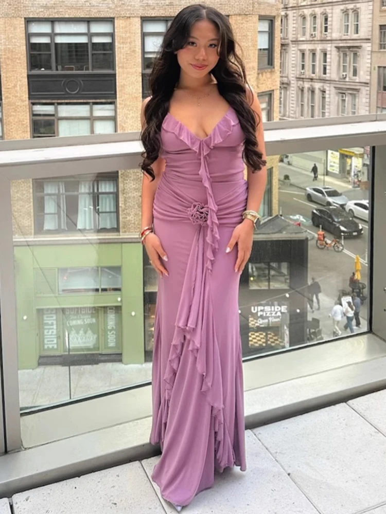 3d flor babados em camadas vestidos para mulheres sem costas chiffon fino plissado sexy vestido de festa feminino clube natal baile noite ro