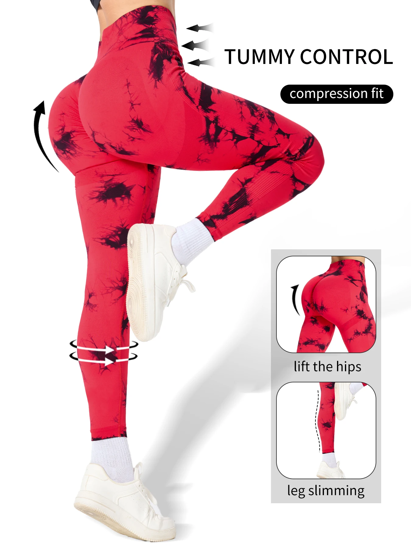 3 قطعة سراويل رياضية نسائية عالية الخصر مصبوغة بربطة عنق ، رفع الأرداف وتنحيف الساقين سراويل اليوغا