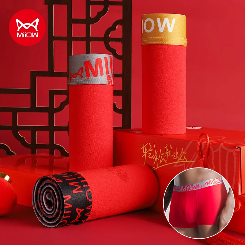 MiiOW 6Pcs Cotton Men Underwear Set Antibacterial Men's Panties New Year's Red Boxershorts Autumn Winter Man Boxers Underpants
