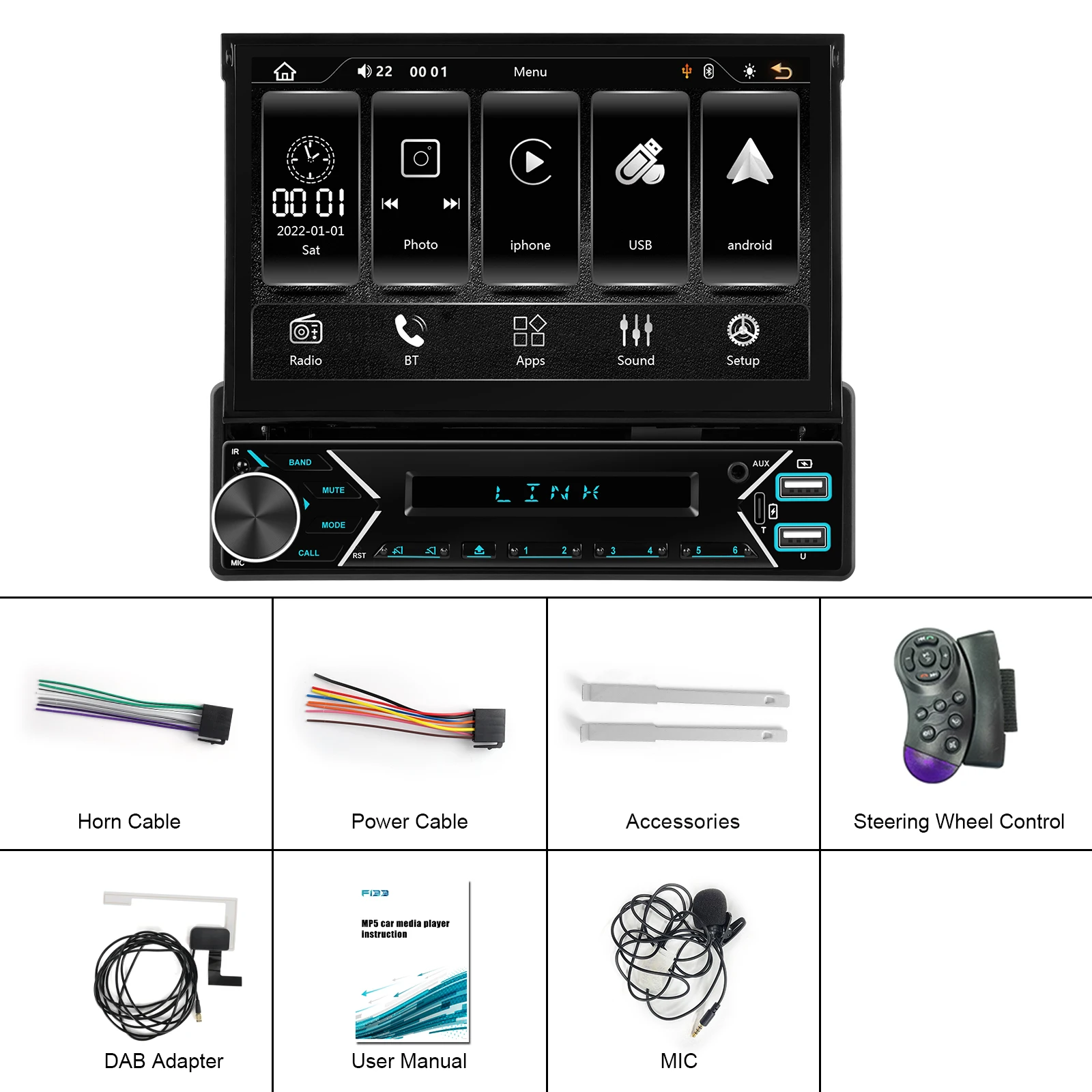 Camecho 1 Din Autoradio 7 "Auto Intrekbaar Scherm Autoradio Draadloze Carplay Android Auto DAB Radio Stuurbediening Stereo