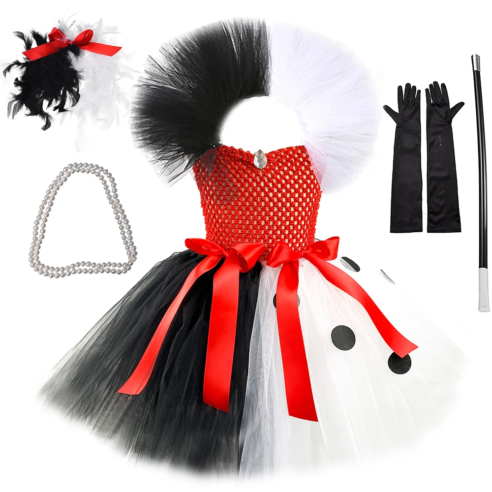 Black White Cruella Girls Costume Dalmatians Tutu Dress for Kids Villian Cruella De Vil Halloween Outfit Children Clothes 1-12Y