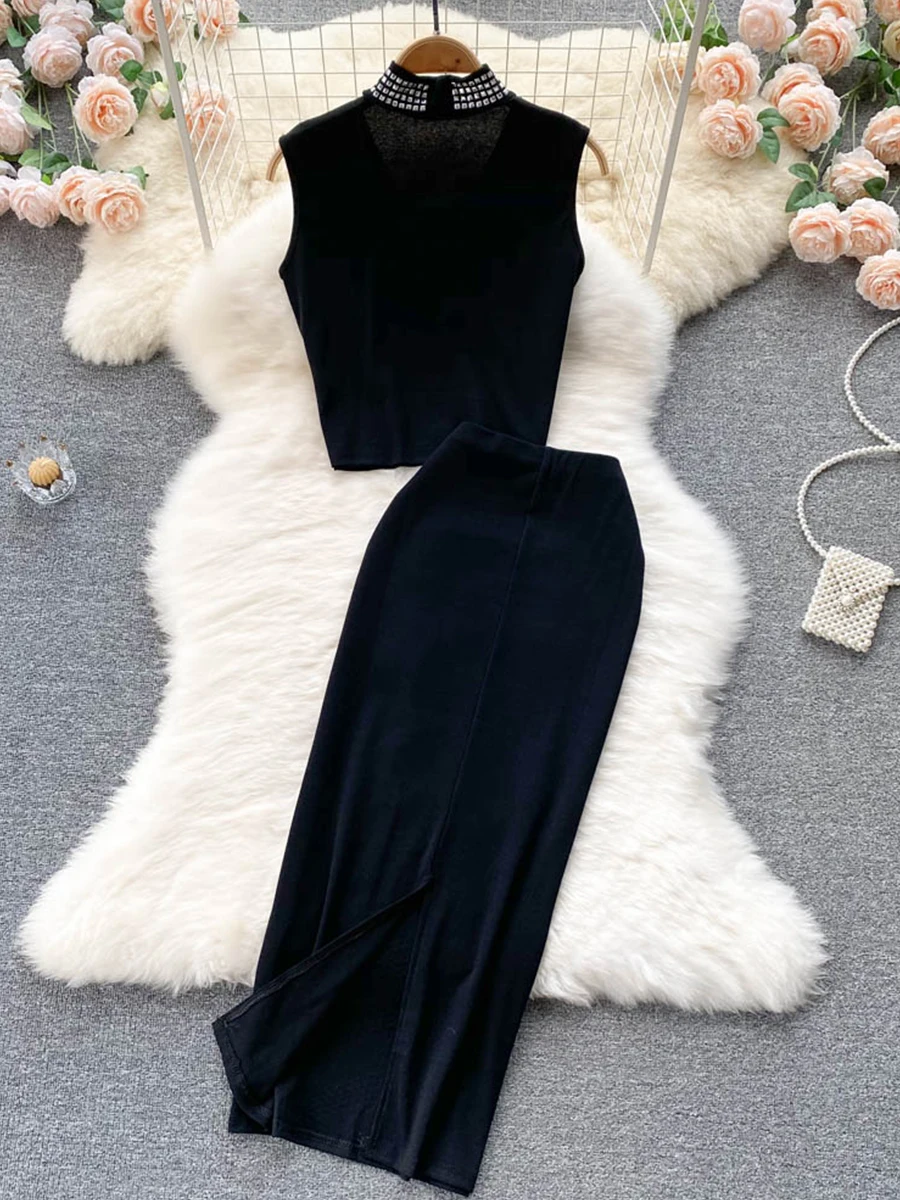 Summer Women Sexy Sequins Two Piece Set Female Elegant Halter Sleeveless Short Tops + High Waist Bodycon Skirt Suits New 2022