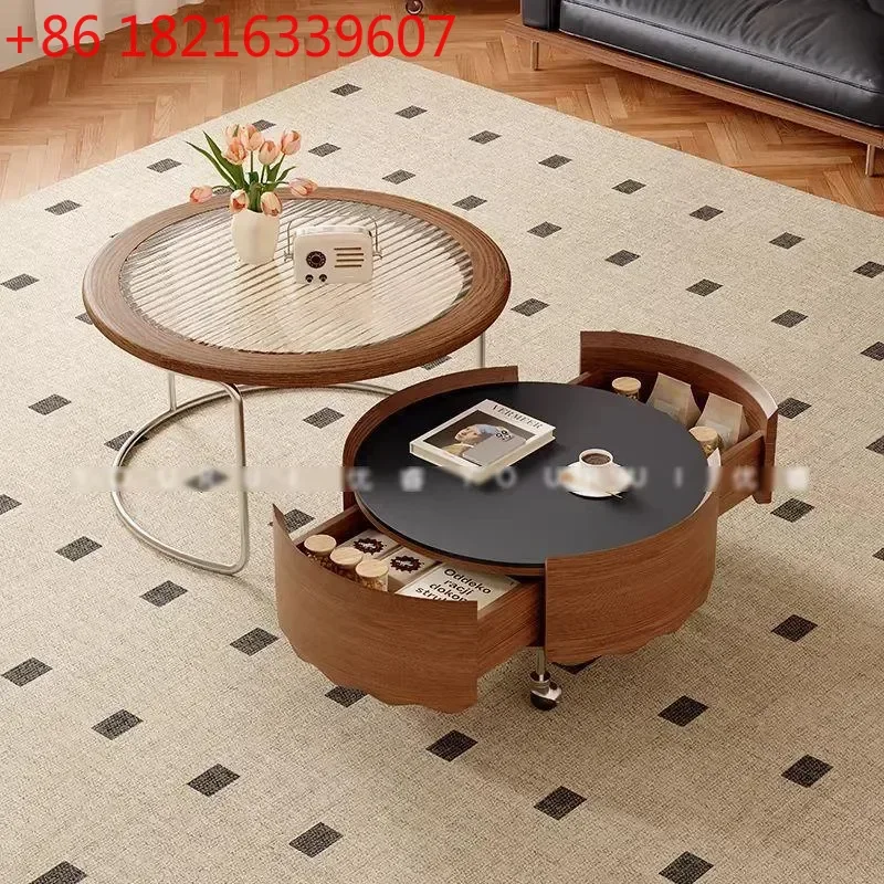 YAO Retro Solid Wood Coffee Table Set for Living Room Simple Small Apartment Mobile Round Tea Table 2026 New Household Furniture