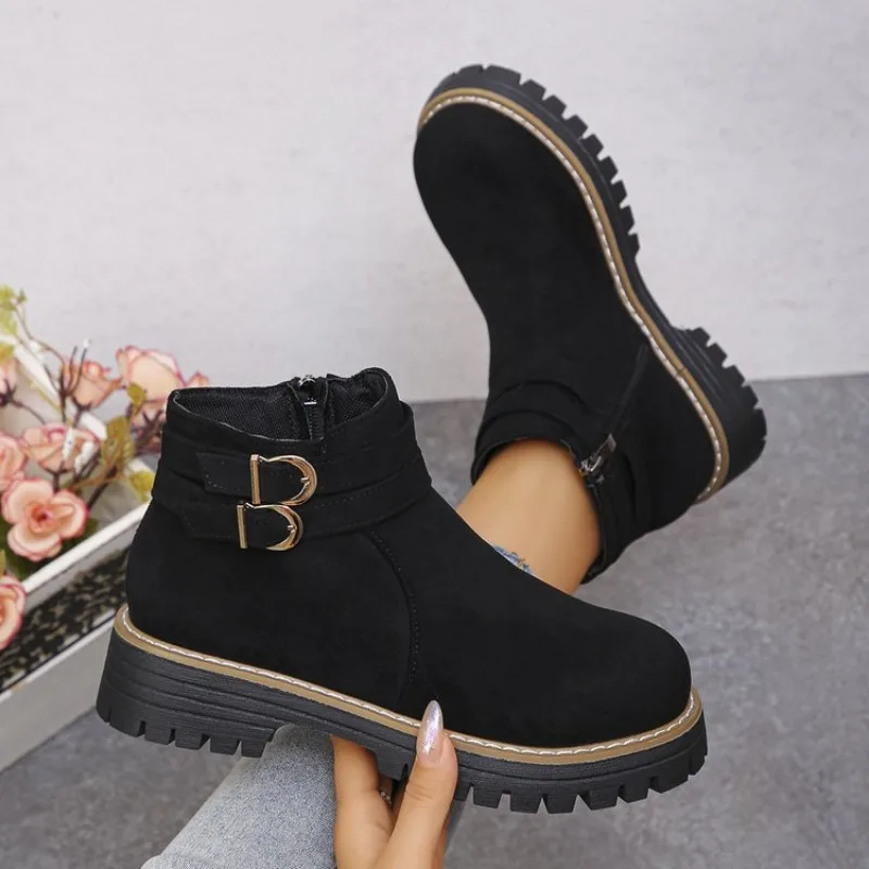 

Women's Winter Thick Bottom Booties Belt Buckle Decoration Round Head Female Shoes Side Zipper Mid Heels Women Short Boots