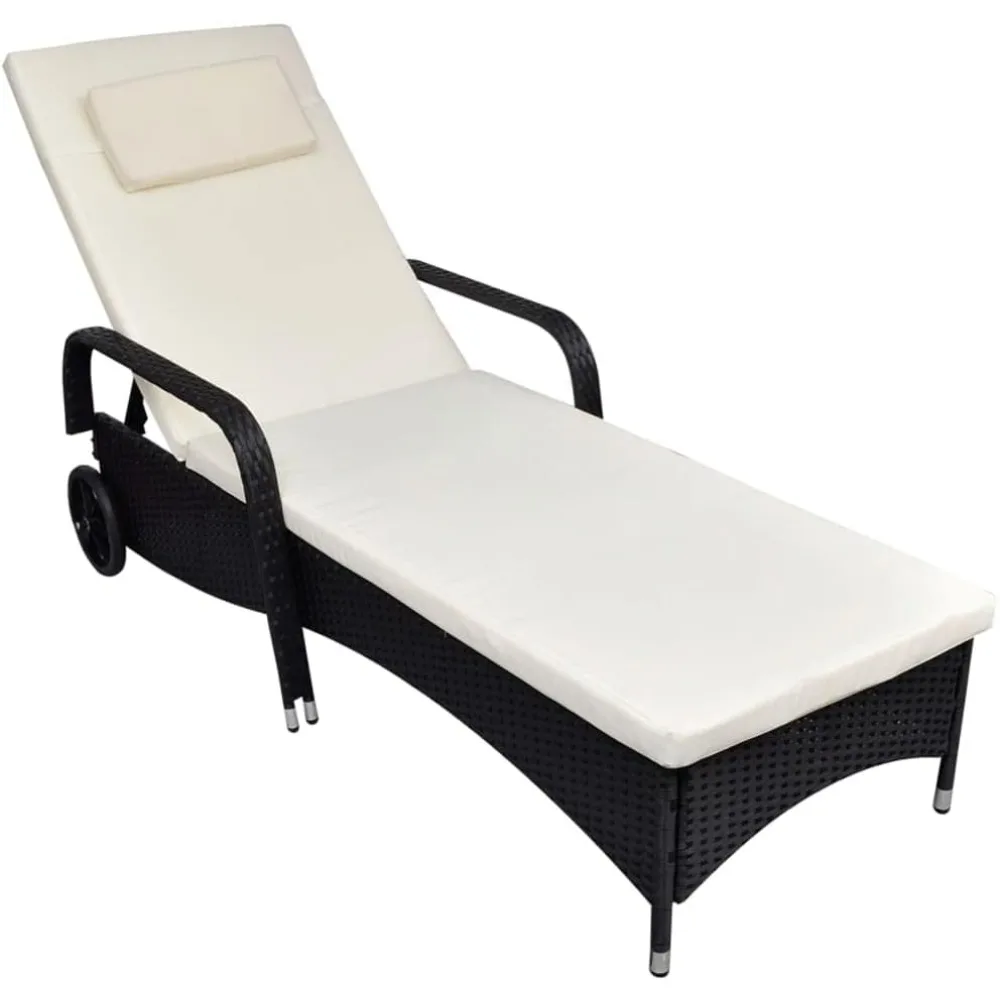 Sun Lounger with Cushion & Wheels Poly Rattan Black,Rattan Lounger with Washable Cream Cushions for Outdoor Relaxation Outdoor F