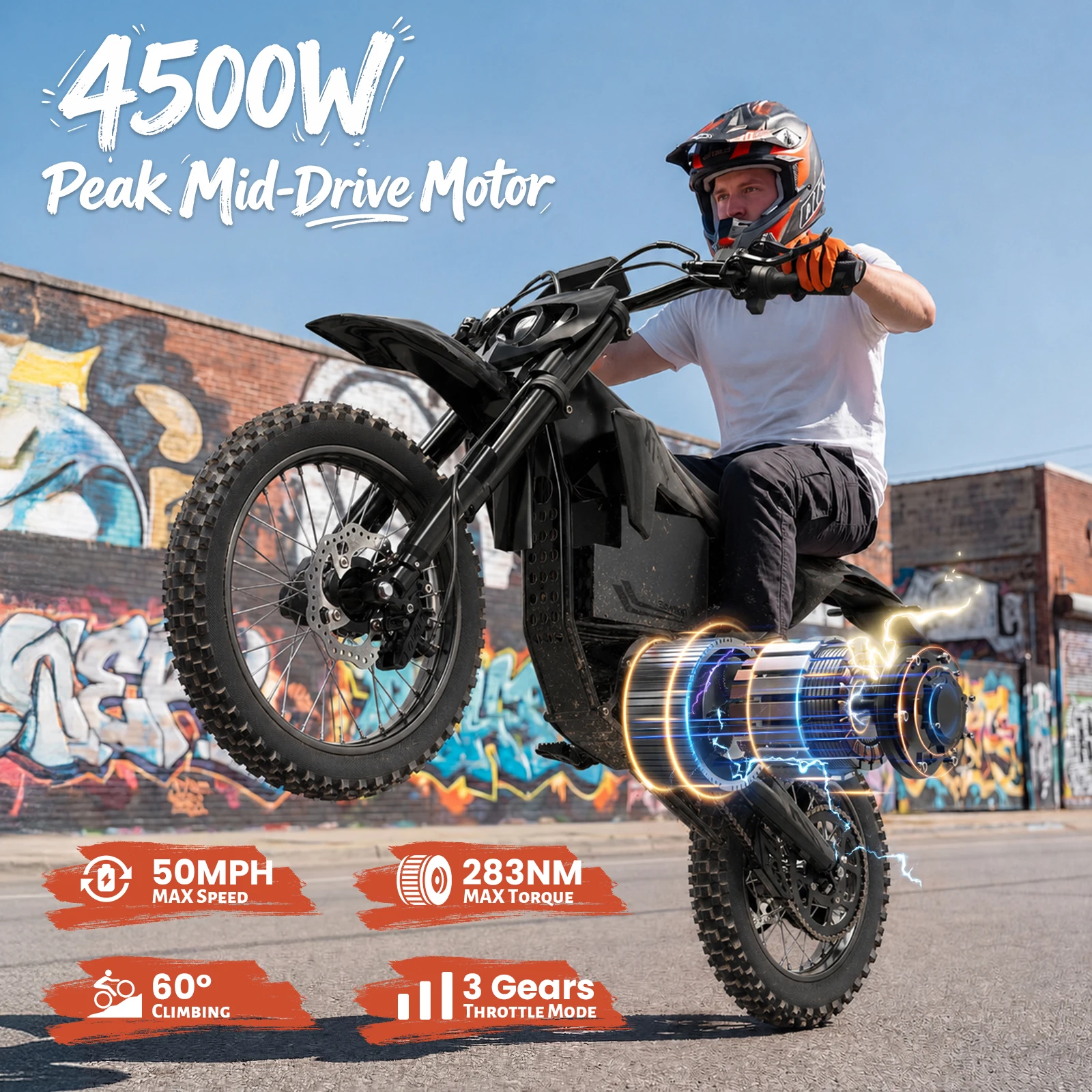 QRONGE X1 Spark L Electric Dirt Bike, 60V 28.8Ah Battery, 4500W Peak Mid-Drive Motor Electric Motorcycle, 17