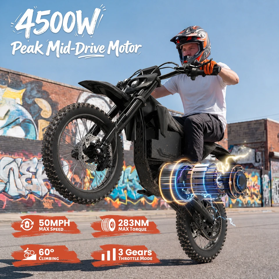 QRONGE X1 Spark L Electric Motorcycle, 4500W Peak Electric Bicycle, 60V 28.8Ah Up to 50MPH & 60 Miles Electric Dirt Bike, Full Suspension 17"/14" Off-Road Tire E-Dirt Bike for Adults Teens 1-Year Warranty image 4