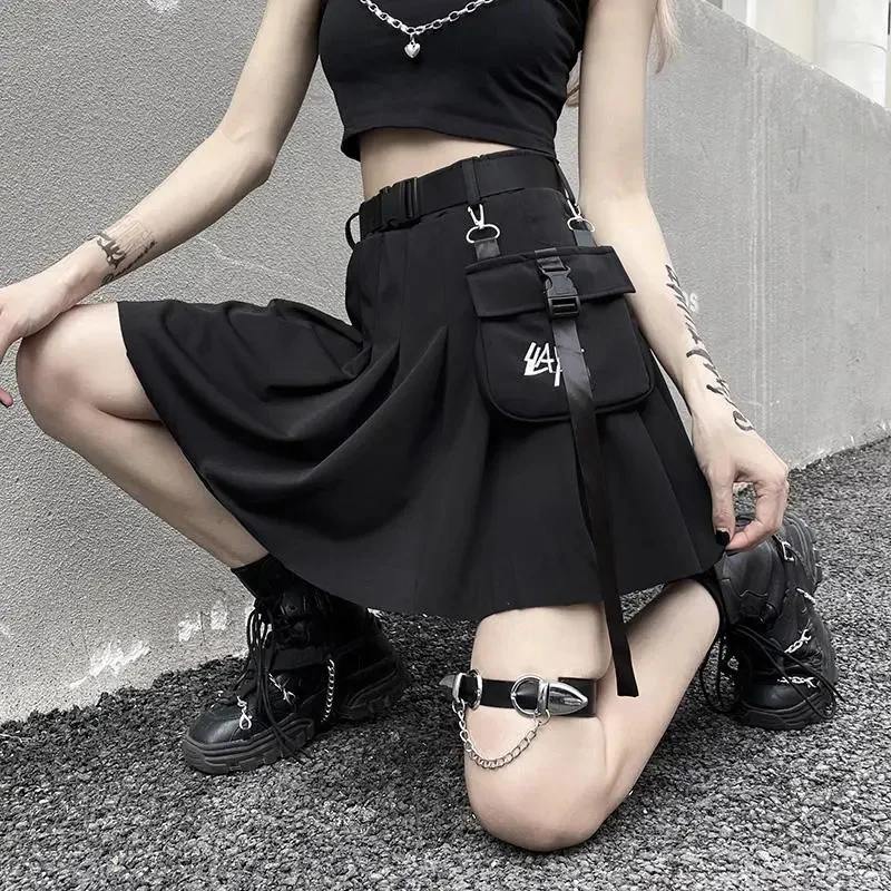 Summer Cargo Skirts with Pocket Women Dark Academy Uniform Harajuku Gothic Short Skirt Fashion Girl Emo Techwear Clothes