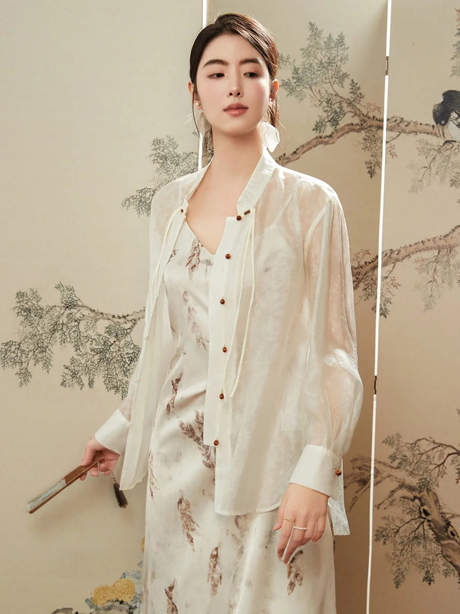 

Kiki Chinese Sle Button up irt Women's Summer Thin Silk Outerwear Long Sve Commute Sle Pure Color Traditional Nation...