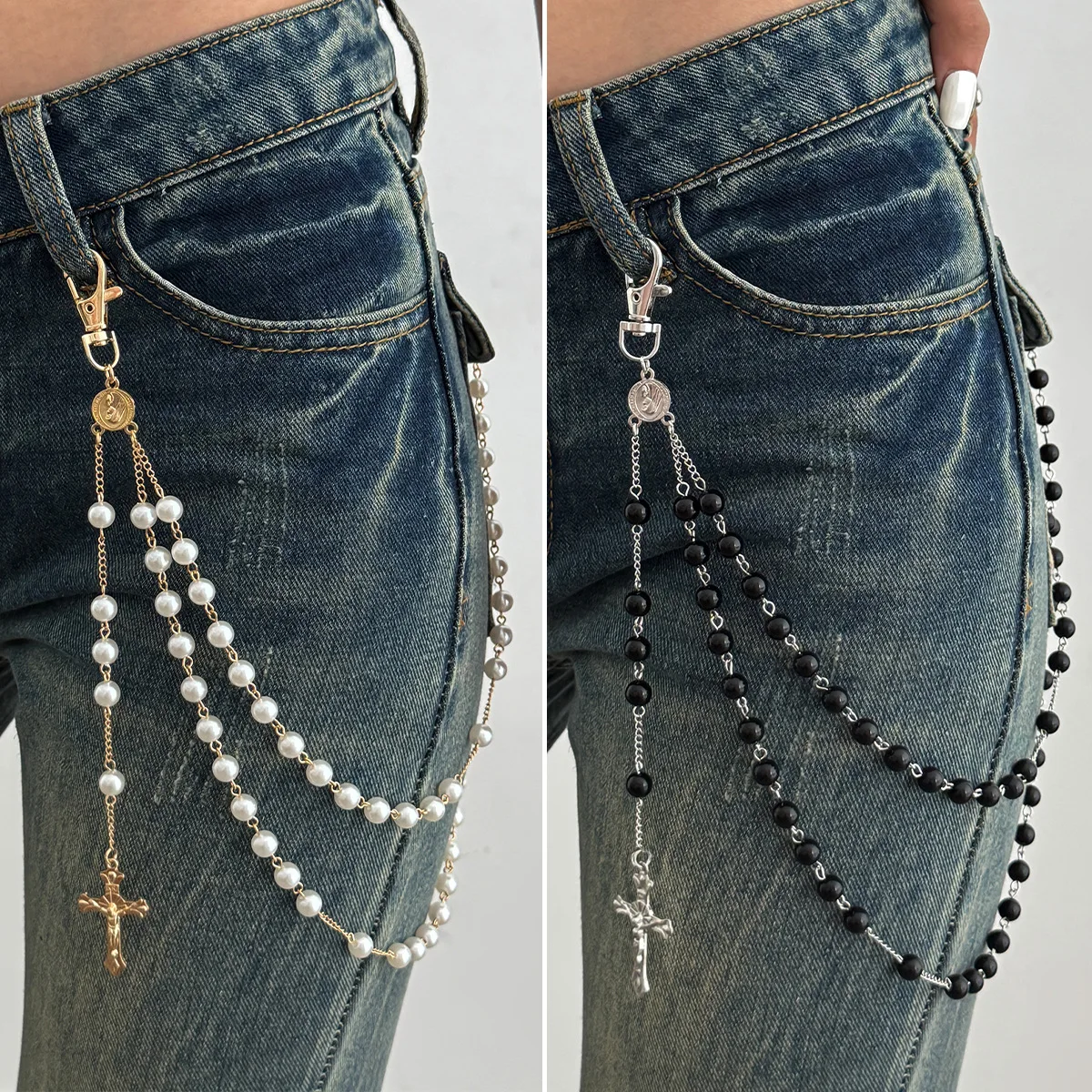 Moda dupla camada imitação de pérola chaveiro carteira cinto corrente masculino feminino punk jesu cruz pingente calças calças corrente jóias