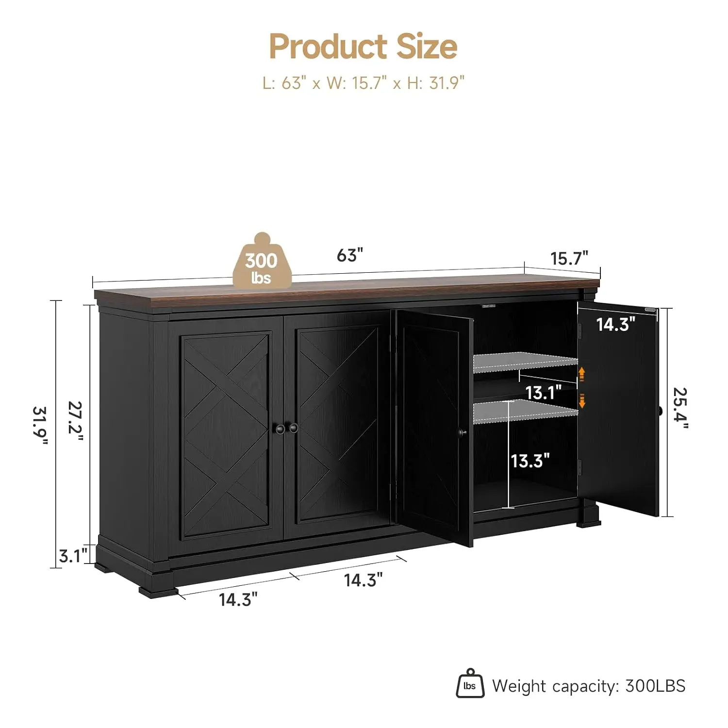 63 Inch Buffet Cabinet with Storage & 4 Barn Doors, Black, Customized