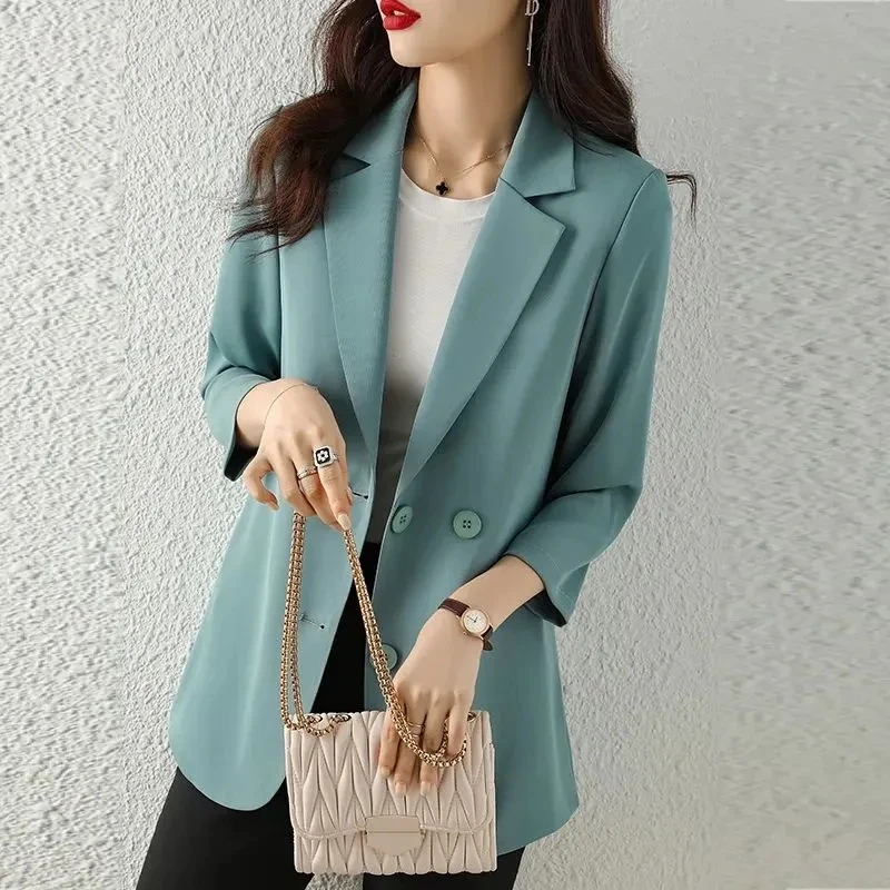 

Blue-Green Women Blazer Suit Thin Chiffon 2022 Spring and Summer New Korean Fashion Simple Loose Casual White Black Small Suit