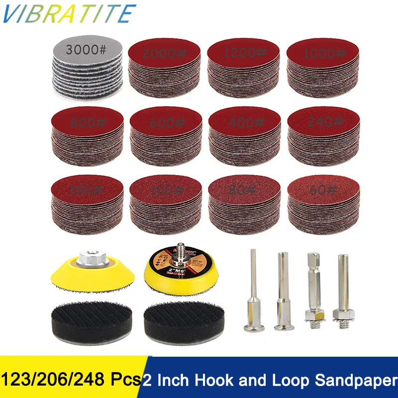 2 Inch Hook and Loop Sandpaper 123/206/248 Pcs Assorted 60-3000 Girt with Sanding Pad for Grinding and Polishing Materials Car