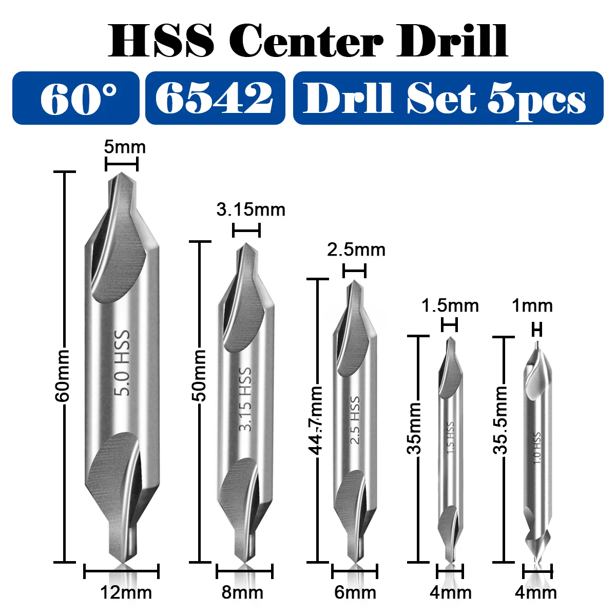 Bor tengah HSS M2, 5 buah/7 buah Set mata bor pusat 1.0-5.0mm untuk lubang mesin mengurangi kesalahan bor tengah Reaming