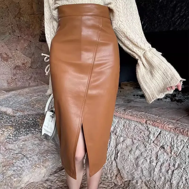 

Autumn Front Split Brown PU Midi Pencil Skirts Irregular Slim Hip Faux Leather Ivory Calf Sheath Skirts