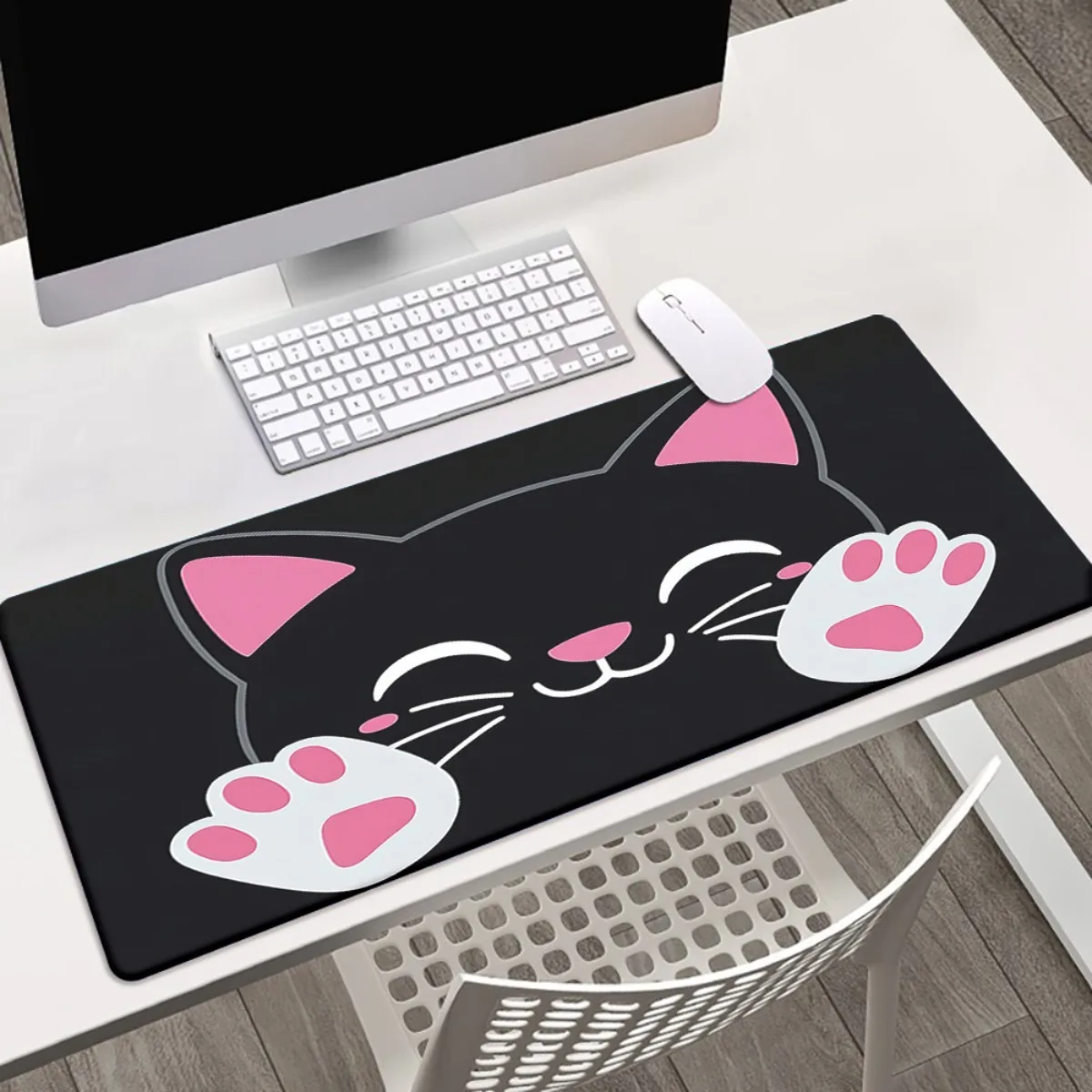 1 tapis de souris chat noir avec empreintes de pattes – Base en caoutchouc antidérapante, surface ultra lisse pour les jeux et le bureau, 31,5" x 11,6" ou 2