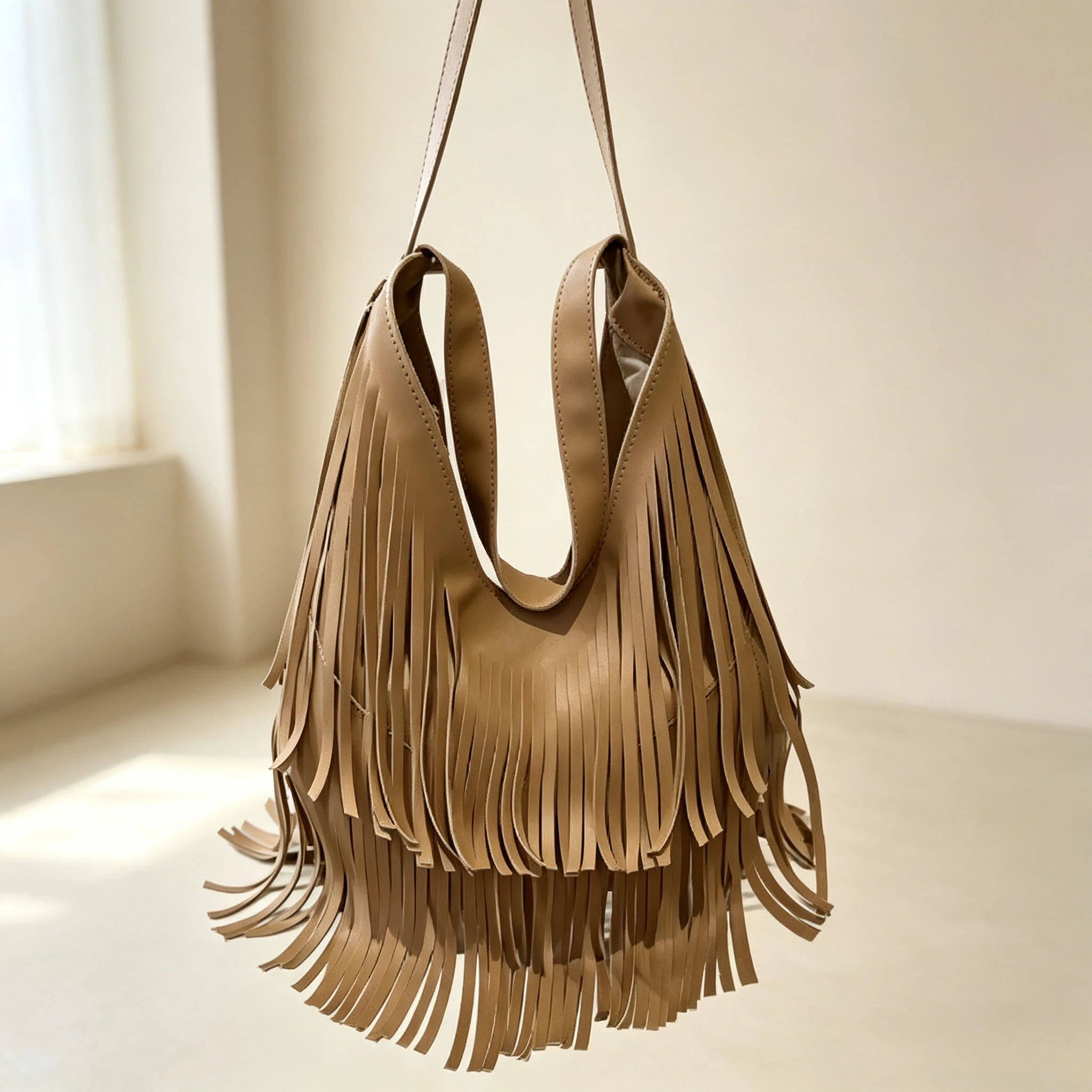 Retro Boho Fringe Tassel Shoulder Bag Women Large Soft Hobo Tote Bag Ethnic Style Casual Shopper Handbag for Beach Travel Party