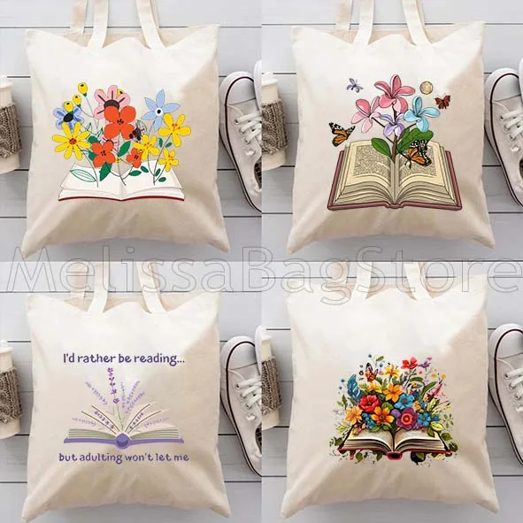 Floral Growing From Book Reading Booklovers Gifts Women Canvas Shoulder Tote Bag Harajuku Handbag Shopper Reusable Shopping Bags