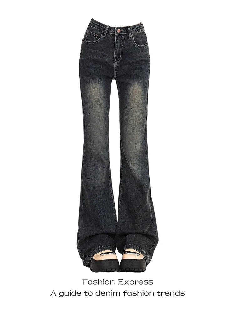 

Ретро американские синие джинсы-колокольчики, женские узкие прямые брюки с высокой талией, осенние новые брюки