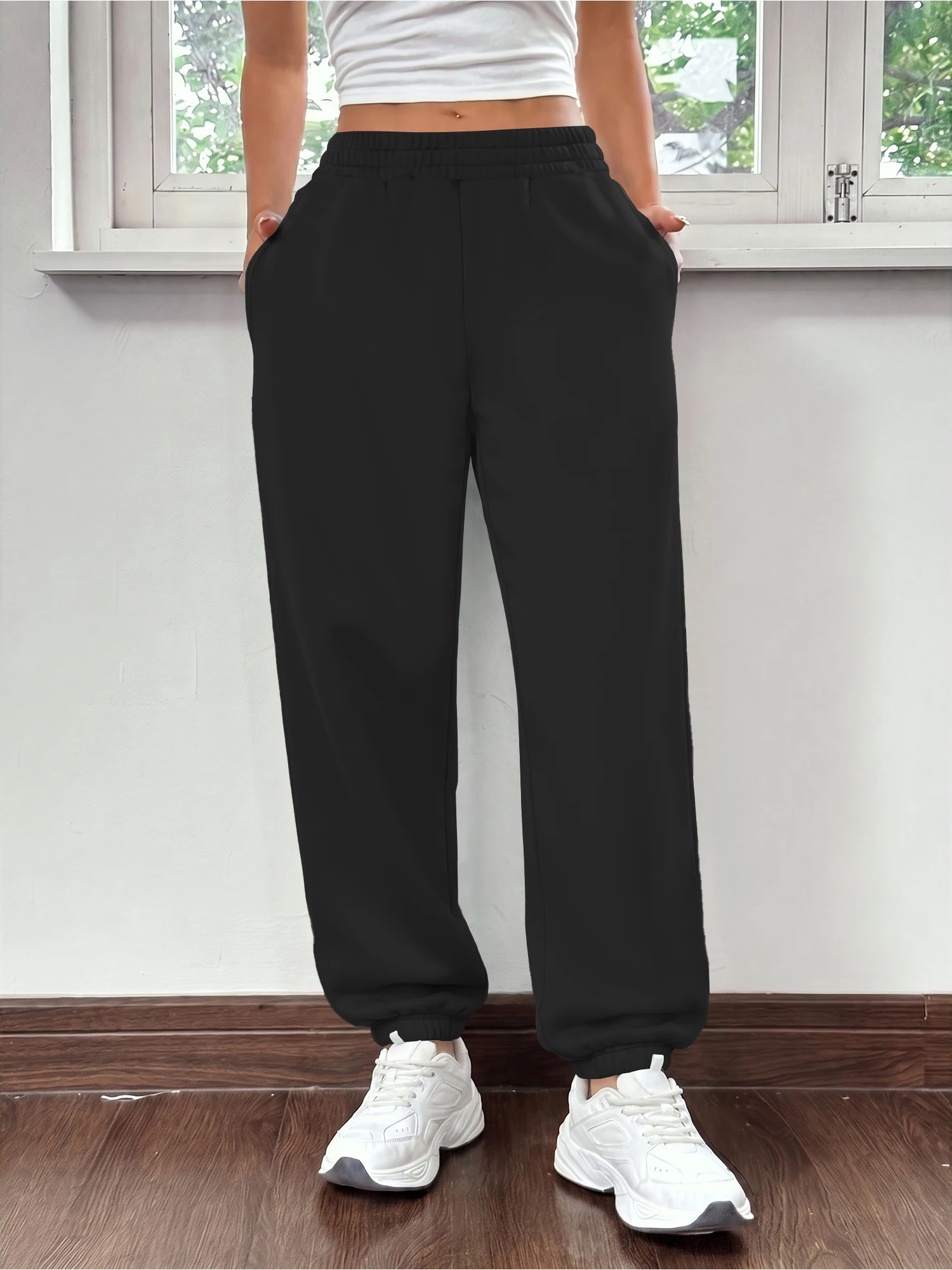 Comfort Women Plain Sweat Joggers Elastic Rib Waist Cuffed Ankle Side Pockets Casual Daily Wear Trousers