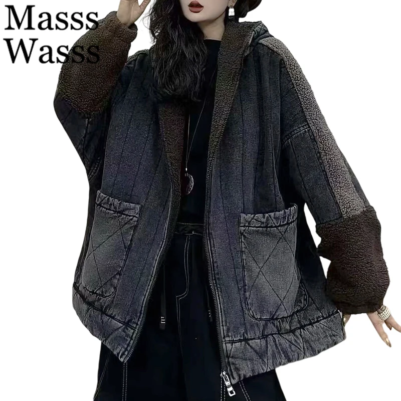 

Masss Wasss Winter Korean Fur Fashion Coats Womens Oversized Denim Hooded Parkas Ladies Casual Loose Warm Thicken Padded Jackets